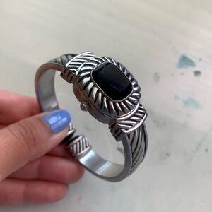 Vintage Western Black Onyx Stone Bracelet Silver Watch